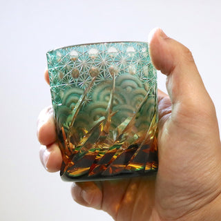 【日本工藝堂】 江戶切子 日式杯 玻璃杯 洋酒杯 酒杯 威士忌杯 啤酒杯  「Sazanami」  迷你 綠色 山田硝子 EK-YD-10