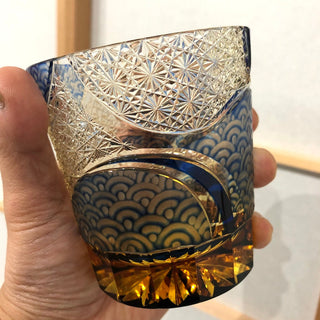 【日本工藝堂】 江戶切子 日式杯 玻璃杯 洋酒杯 酒杯 威士忌杯 啤酒杯  「波動」  藍色 山田硝子 EK-YD-13