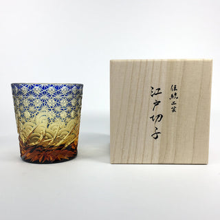 【日本工藝堂】 江戶切子 日式杯 玻璃杯 洋酒杯 酒杯 威士忌杯 啤酒杯  「Sazanami」 藍色 山田硝子 EK-YD-1